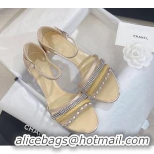 Low Price Chanel Satin Heel Sandals 8cm with Crystals and Chain Beige 325003