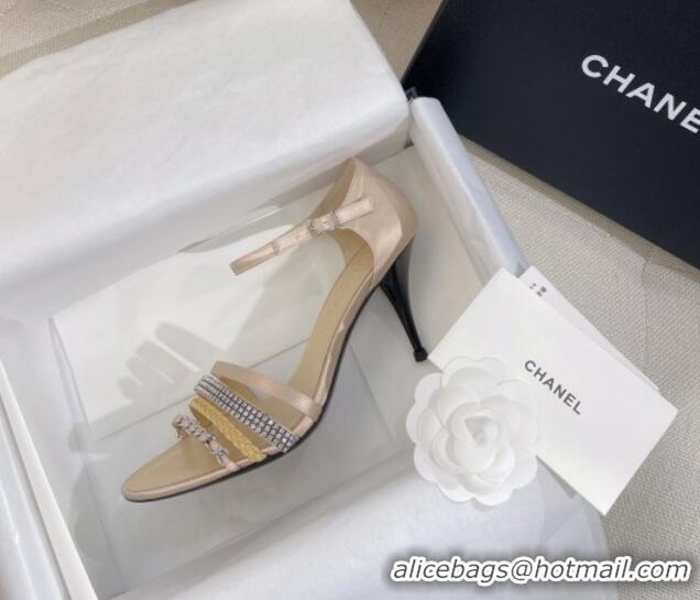 Low Price Chanel Satin Heel Sandals 8cm with Crystals and Chain Beige 325003