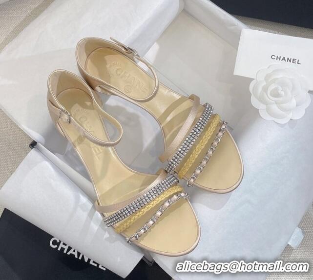 Low Price Chanel Satin Heel Sandals 8cm with Crystals and Chain Beige 325003