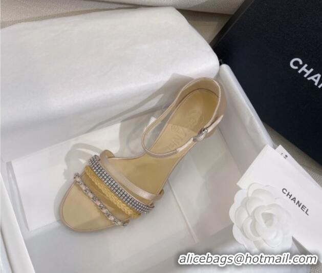 Low Price Chanel Satin Heel Sandals 8cm with Crystals and Chain Beige 325003