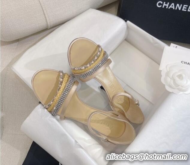 Low Price Chanel Satin Heel Sandals 8cm with Crystals and Chain Beige 325003