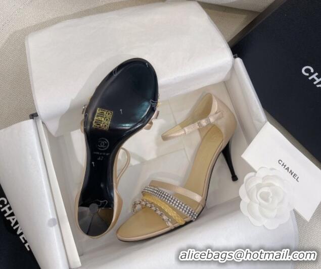 Low Price Chanel Satin Heel Sandals 8cm with Crystals and Chain Beige 325003