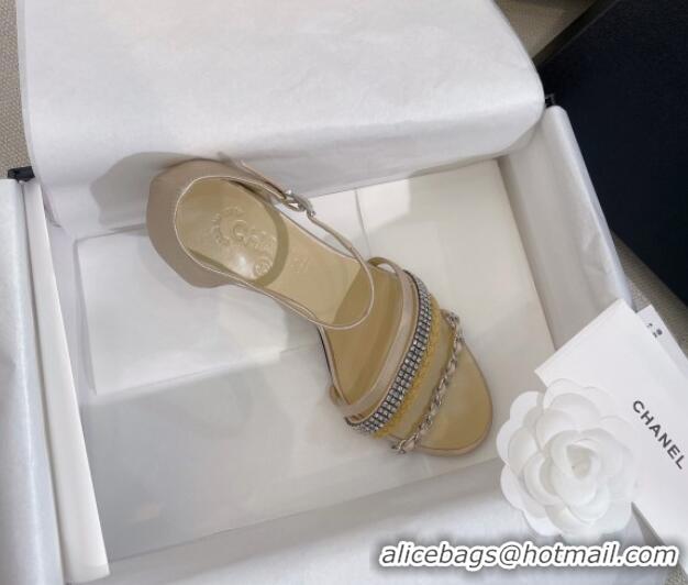 Low Price Chanel Satin Heel Sandals 8cm with Crystals and Chain Beige 325003