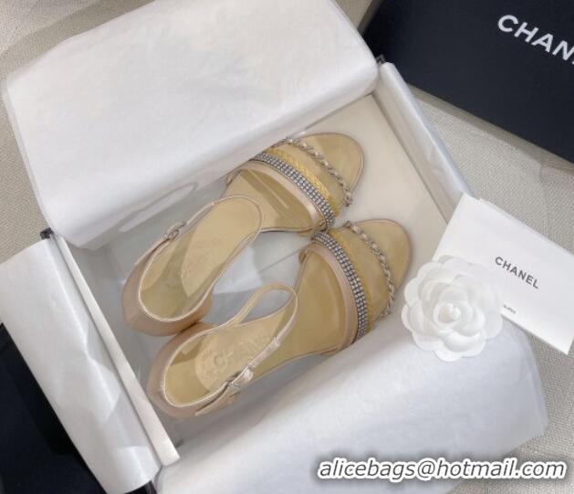 Low Price Chanel Satin Heel Sandals 8cm with Crystals and Chain Beige 325003