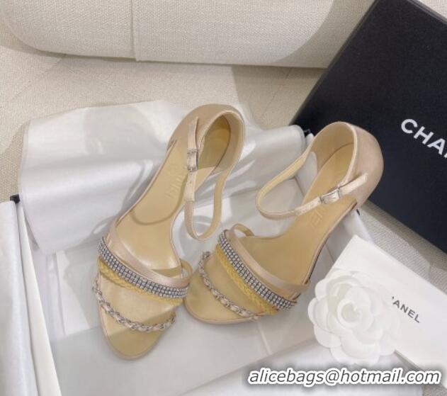 Low Price Chanel Satin Heel Sandals 8cm with Crystals and Chain Beige 325003