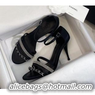 Popular Style Chanel Satin Heel Sandals 8cm with Crystals and Chain Black 325004