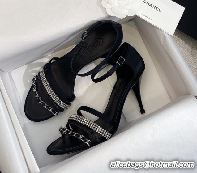 Popular Style Chanel Satin Heel Sandals 8cm with Crystals and Chain Black 325004