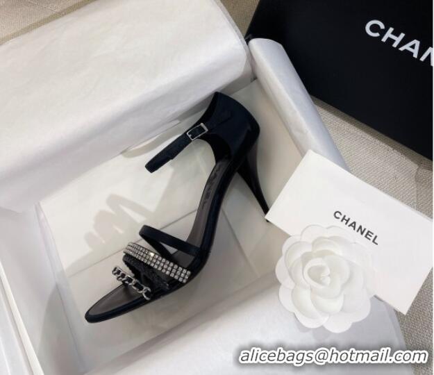 Popular Style Chanel Satin Heel Sandals 8cm with Crystals and Chain Black 325004