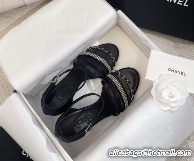 Popular Style Chanel Satin Heel Sandals 8cm with Crystals and Chain Black 325004