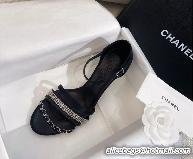 Popular Style Chanel Satin Heel Sandals 8cm with Crystals and Chain Black 325004