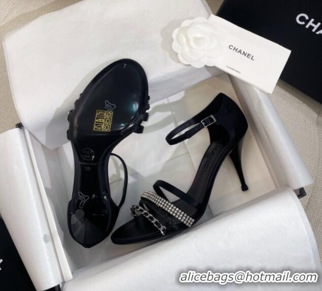 Popular Style Chanel Satin Heel Sandals 8cm with Crystals and Chain Black 325004