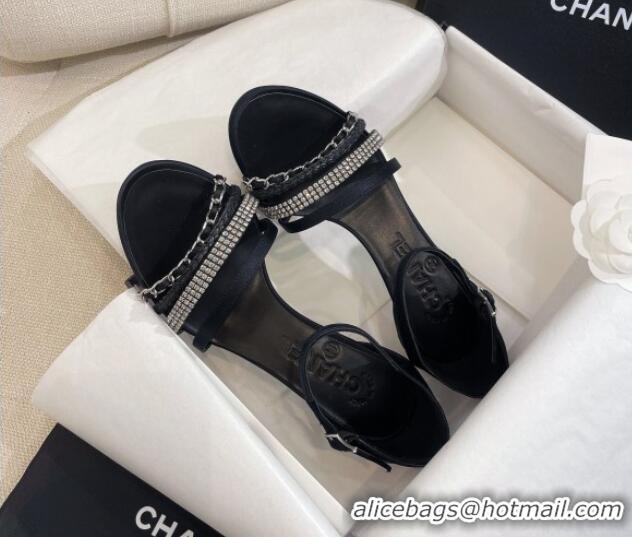 Popular Style Chanel Satin Heel Sandals 8cm with Crystals and Chain Black 325004