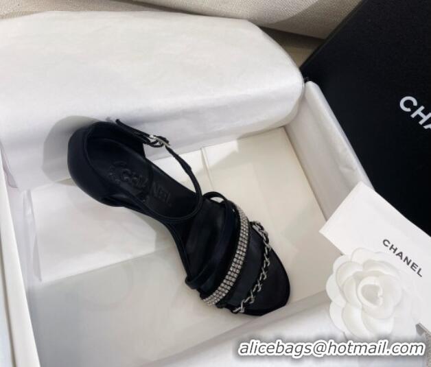 Popular Style Chanel Satin Heel Sandals 8cm with Crystals and Chain Black 325004