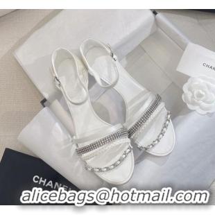 Durable Chanel Satin Heel Sandals 8cm with Crystals and Chain White 325005