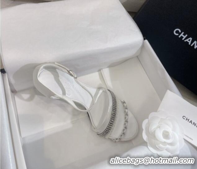 Durable Chanel Satin Heel Sandals 8cm with Crystals and Chain White 325005