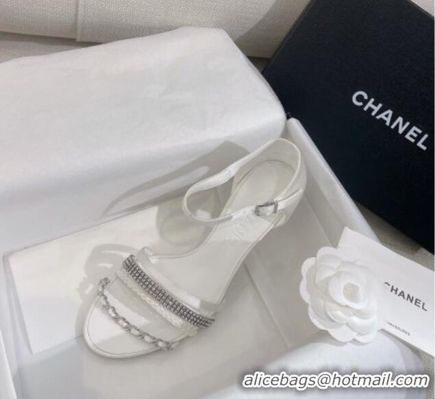 Durable Chanel Satin Heel Sandals 8cm with Crystals and Chain White 325005