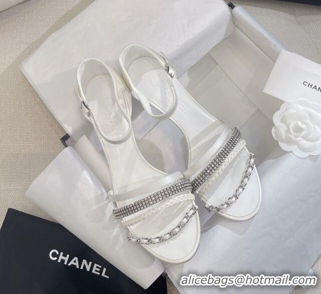 Durable Chanel Satin Heel Sandals 8cm with Crystals and Chain White 325005