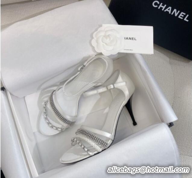 Durable Chanel Satin Heel Sandals 8cm with Crystals and Chain White 325005