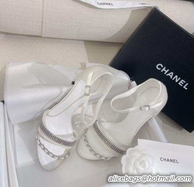 Durable Chanel Satin Heel Sandals 8cm with Crystals and Chain White 325005