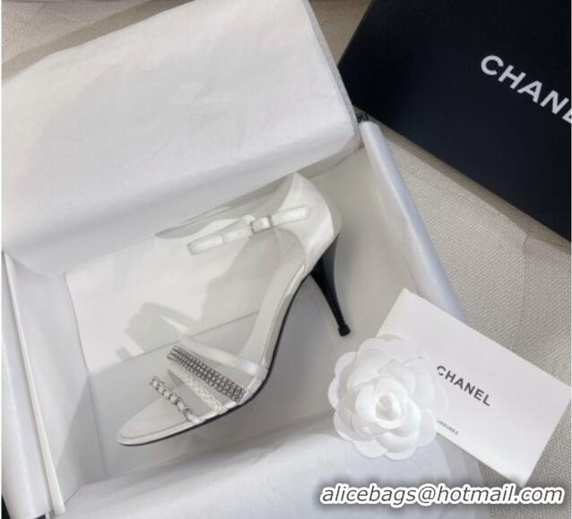 Durable Chanel Satin Heel Sandals 8cm with Crystals and Chain White 325005