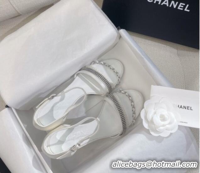 Durable Chanel Satin Heel Sandals 8cm with Crystals and Chain White 325005