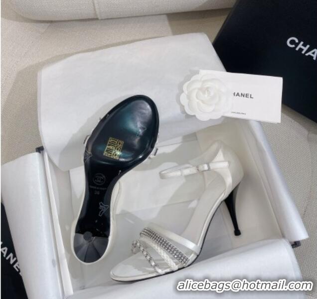 Durable Chanel Satin Heel Sandals 8cm with Crystals and Chain White 325005