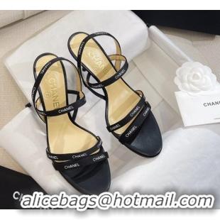 Top Design Chanel Logo Fabric Strap Heel Sandals 8cm Black 325006