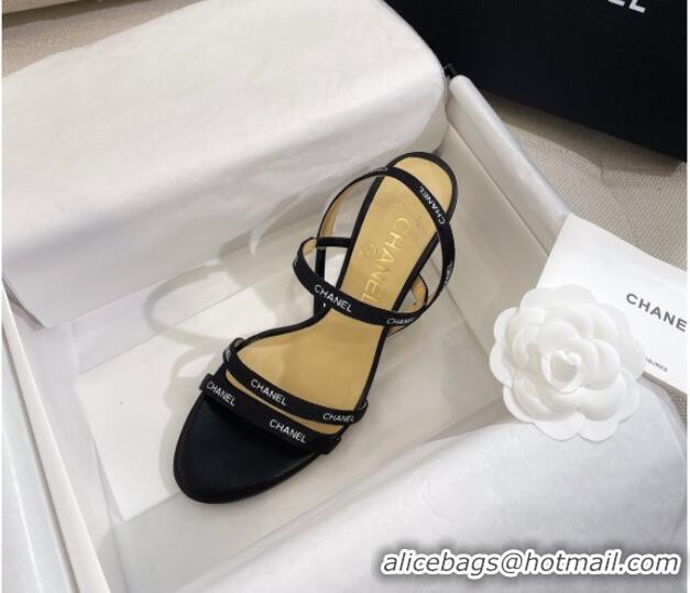 Top Design Chanel Logo Fabric Strap Heel Sandals 8cm Black 325006