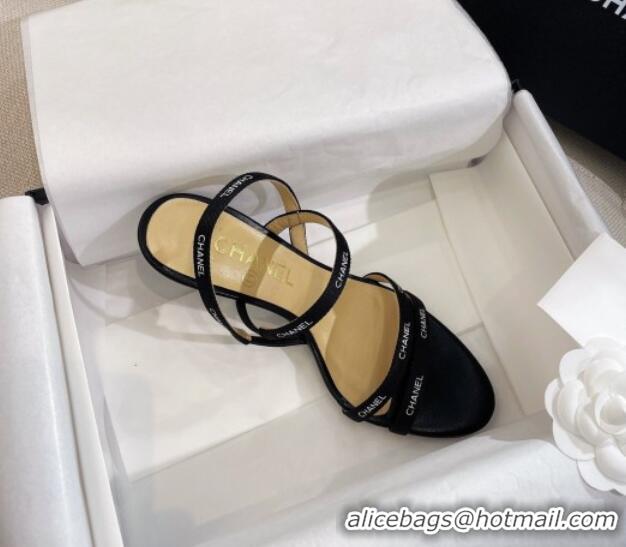 Top Design Chanel Logo Fabric Strap Heel Sandals 8cm Black 325006