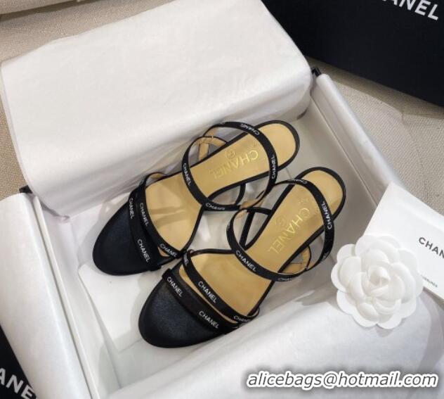 Top Design Chanel Logo Fabric Strap Heel Sandals 8cm Black 325006