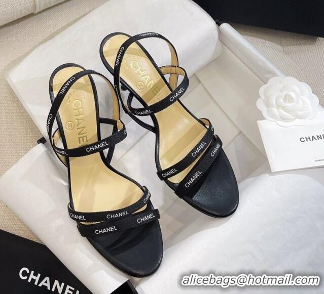 Top Design Chanel Logo Fabric Strap Heel Sandals 8cm Black 325006