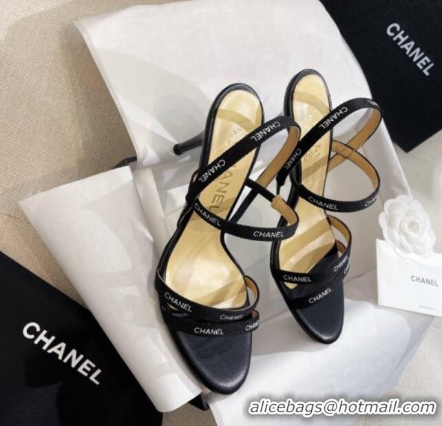 Top Design Chanel Logo Fabric Strap Heel Sandals 8cm Black 325006