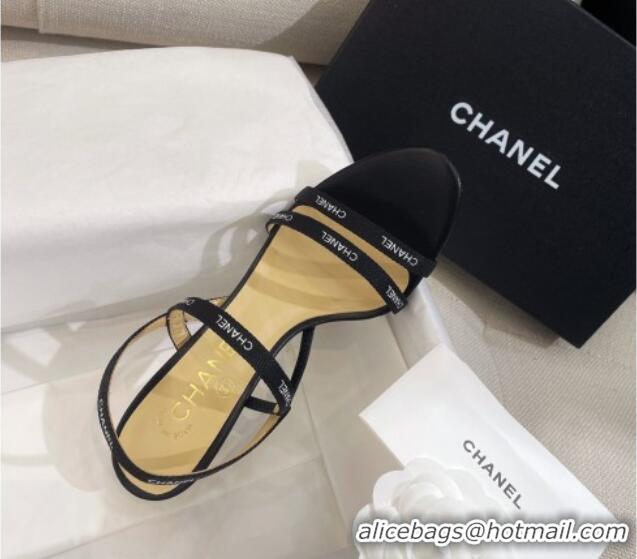 Top Design Chanel Logo Fabric Strap Heel Sandals 8cm Black 325006