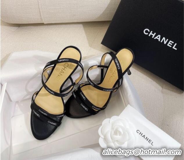 Top Design Chanel Logo Fabric Strap Heel Sandals 8cm Black 325006