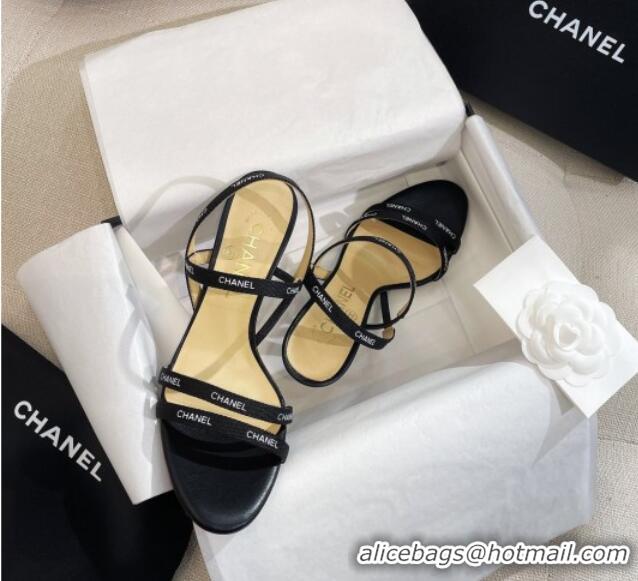 Top Design Chanel Logo Fabric Strap Heel Sandals 8cm Black 325006