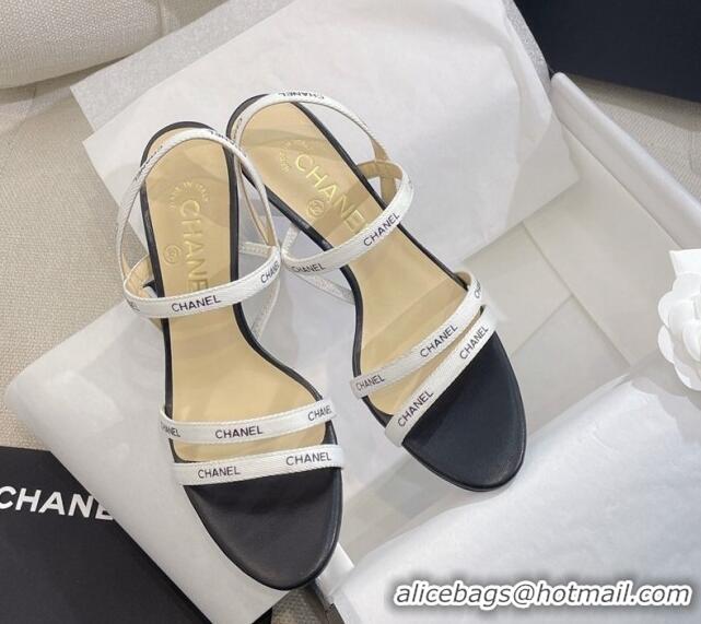 Unique Style Chanel Logo Fabric Strap Heel Sandals 8cm White 325007