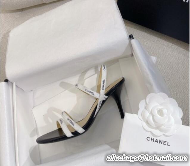 Unique Style Chanel Logo Fabric Strap Heel Sandals 8cm White 325007