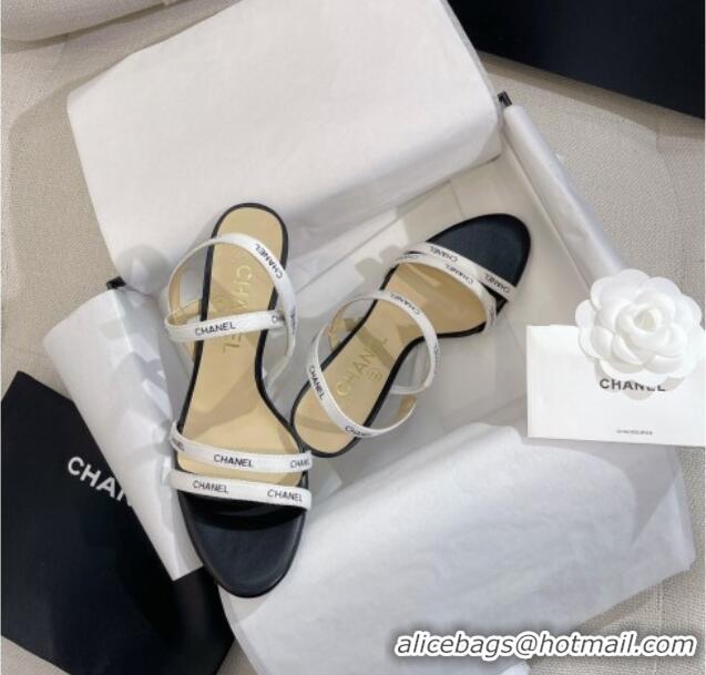 Unique Style Chanel Logo Fabric Strap Heel Sandals 8cm White 325007