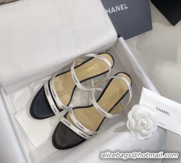 Unique Style Chanel Logo Fabric Strap Heel Sandals 8cm White 325007