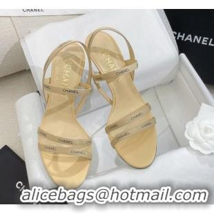 Shop Duplicate Chanel Logo Fabric Strap Heel Sandals 8cm Beige 325008