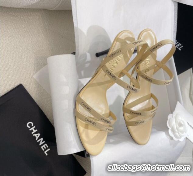 Shop Duplicate Chanel Logo Fabric Strap Heel Sandals 8cm Beige 325008