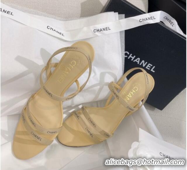 Shop Duplicate Chanel Logo Fabric Strap Heel Sandals 8cm Beige 325008