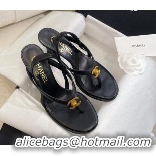 Big Discount Chanel Thong Heel Sandals 6cm with CC Studs Black 325009