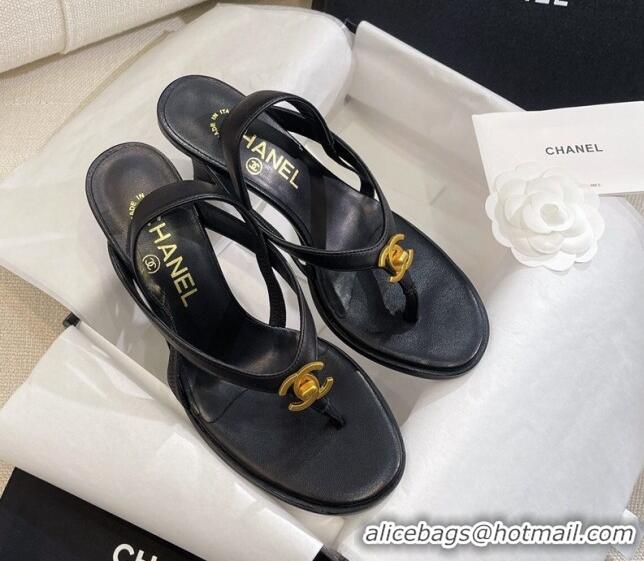 Big Discount Chanel Thong Heel Sandals 6cm with CC Studs Black 325009