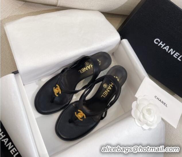 Big Discount Chanel Thong Heel Sandals 6cm with CC Studs Black 325009