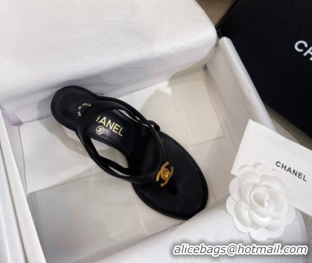 Big Discount Chanel Thong Heel Sandals 6cm with CC Studs Black 325009