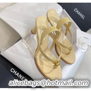 Luxury Discount Chanel Thong Heel Sandals 6cm with CC Studs Beige 325010