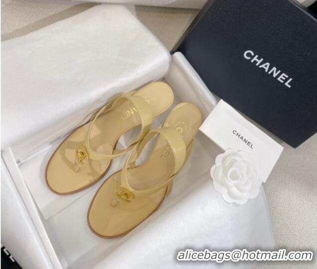 Luxury Discount Chanel Thong Heel Sandals 6cm with CC Studs Beige 325010