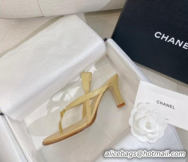 Luxury Discount Chanel Thong Heel Sandals 6cm with CC Studs Beige 325010