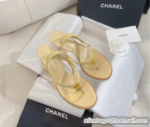 Luxury Discount Chanel Thong Heel Sandals 6cm with CC Studs Beige 325010